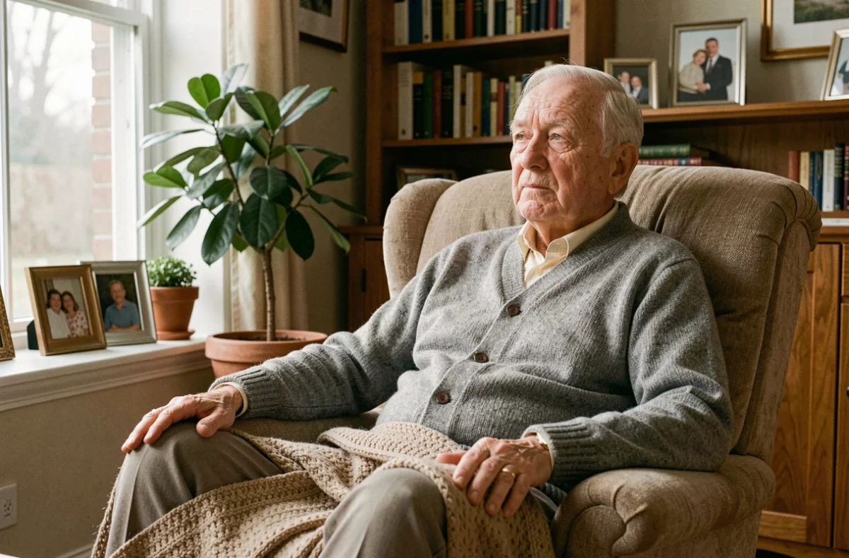 Homme âgé en fin de vie assis dans un fauteuil à domicile, regard serein et couverture sur les genoux