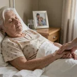 Femme âgée en fin de vie reposant paisiblement dans un lit de soins palliatifs, main tenue par un proche