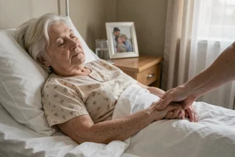 Femme âgée en fin de vie reposant paisiblement dans un lit de soins palliatifs, main tenue par un proche