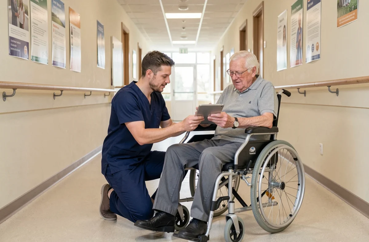Aide-soignant accompagnant un résident en fauteuil roulant dans le couloir d'un EHPAD en Belgique
