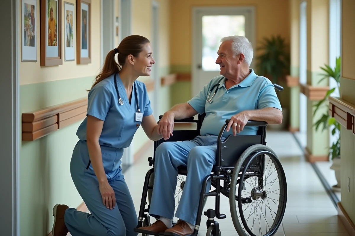 Soignante accompagnant un patient âgé en fauteuil roulant dans le couloir d'un EHPAD spécialisé Alzheimer