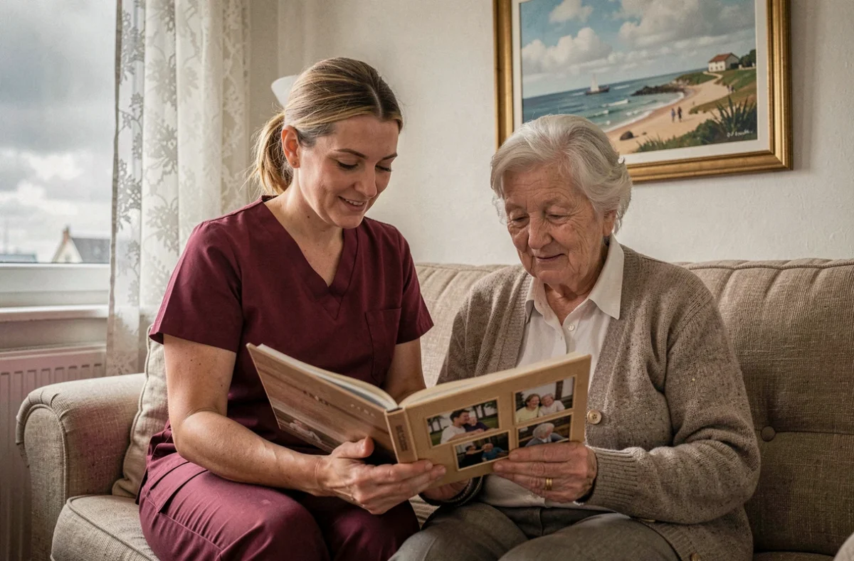 Une auxiliaire de vie de Sous Mon Toit à Dunkerque partageant un moment de compagnie avec une dame âgée devant un album photos