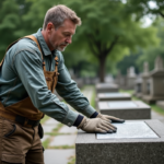 Tailleur de pierre posant une plaque sur une tombe dans un cimetière