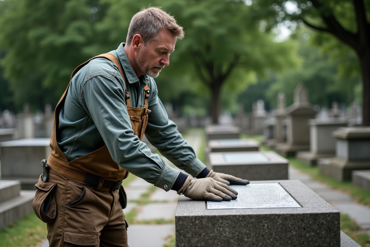 Tailleur de pierre posant une plaque sur une tombe dans un cimetière