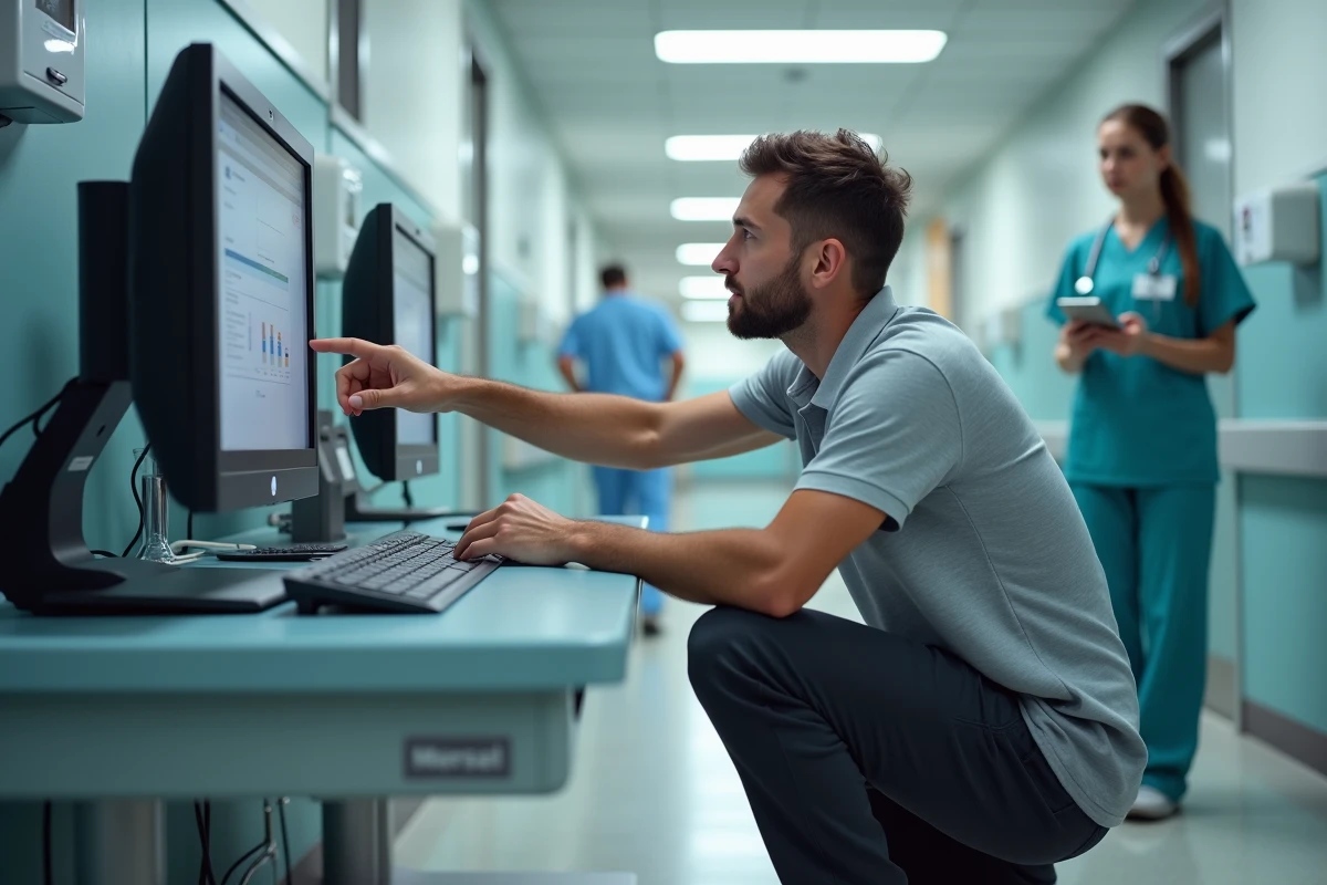 Technicien informatique et infirmière examinant une plateforme de soins en ligne dans un couloir d'établissement médical