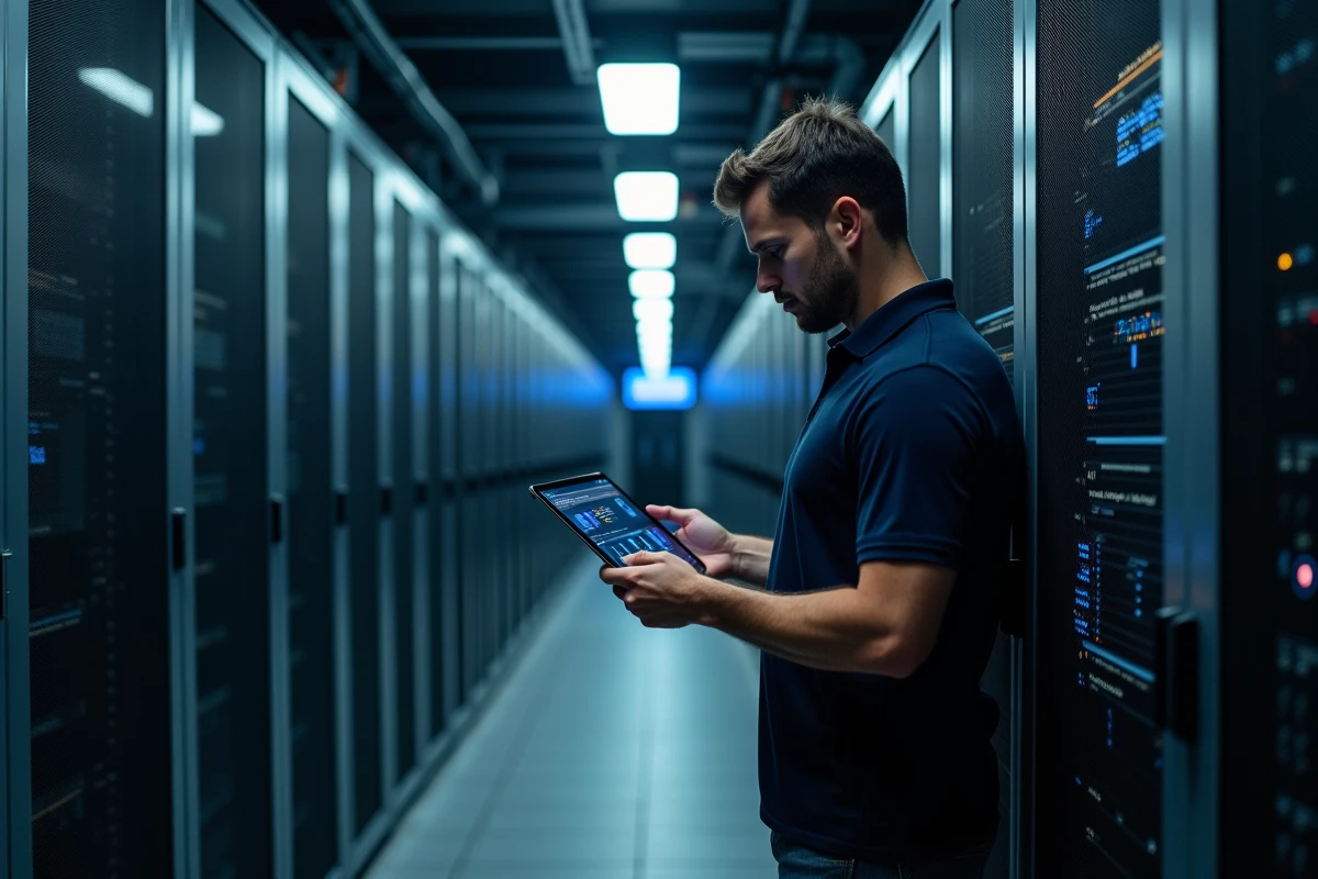 Technicien informatique en sécurité vérifiant l'infrastructure serveur d'un établissement médico-social