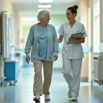 Physiothérapeute accompagnant une patiente âgée lors d'un test de marche en milieu gériatrique