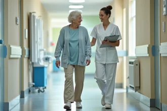 Physiothérapeute accompagnant une patiente âgée lors d'un test de marche en milieu gériatrique