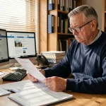Travailleur handicapé de 55 ans consultant ses documents de retraite à domicile avec une expression préoccupée