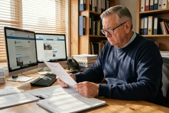 Travailleur handicapé de 55 ans consultant ses documents de retraite à domicile avec une expression préoccupée