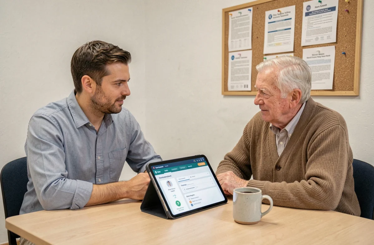 Travailleur social et personne âgée consultant ensemble un tableau de bord numérique de gestion de tutelle sur tablette