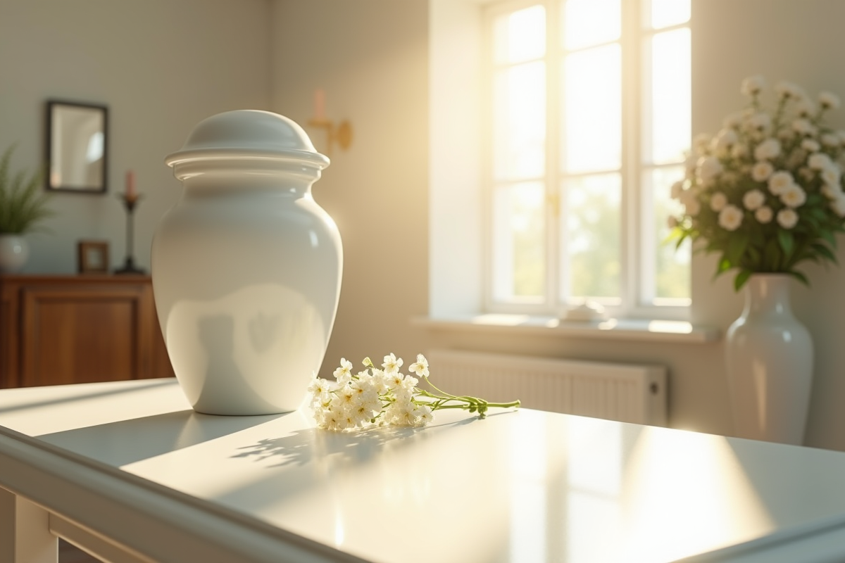 Urne funéraire dans un intérieur calme et lumineux