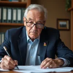 Vétéran retraité en blazer marine examinant des documents fiscaux liés à la retraite mutualiste des combattants à son bureau