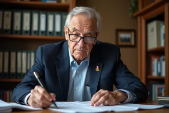 Vétéran retraité en blazer marine examinant des documents fiscaux liés à la retraite mutualiste des combattants à son bureau