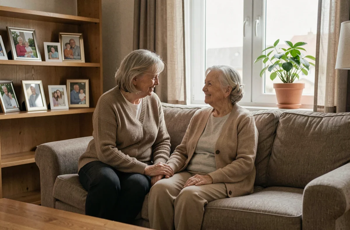 Visite familiale dans l'appartement d'une résidente dans une résidence senior de l'Ain