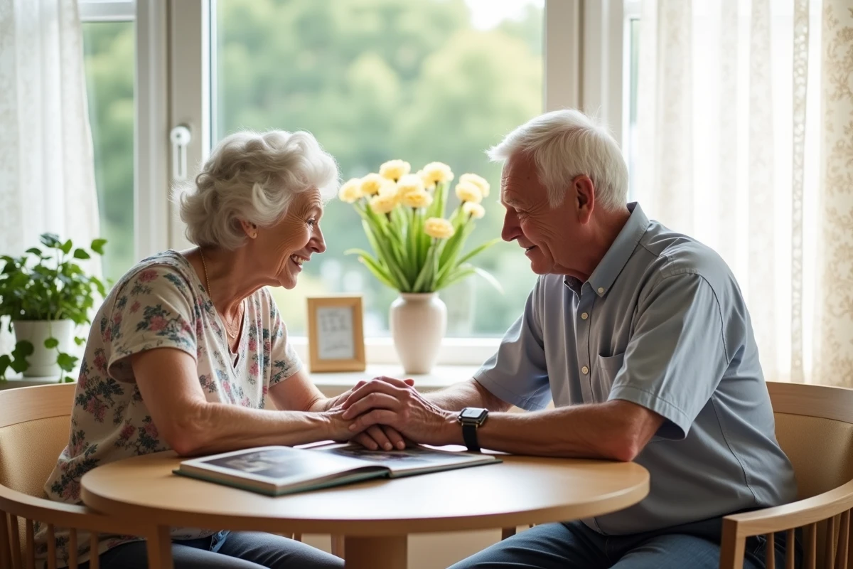 Couple de personnes âgées feuilletant un album photo lors d'une visite dans une unité Alzheimer en EHPAD