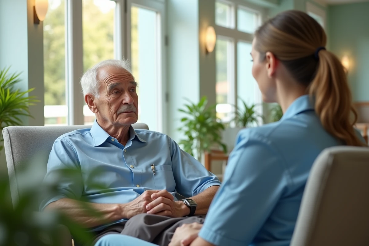 Un senior discute avec une soignante lors d'une visite guidée dans une maison de retraite moderne et accueillante