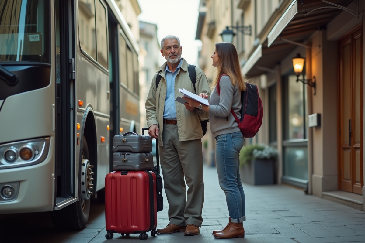 Voyageur seul avec guide près d’un bus en ville